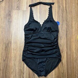 Swimsuits For All NWT One Piece Halter Scallop V Neck Ruching Black Womens 14‎